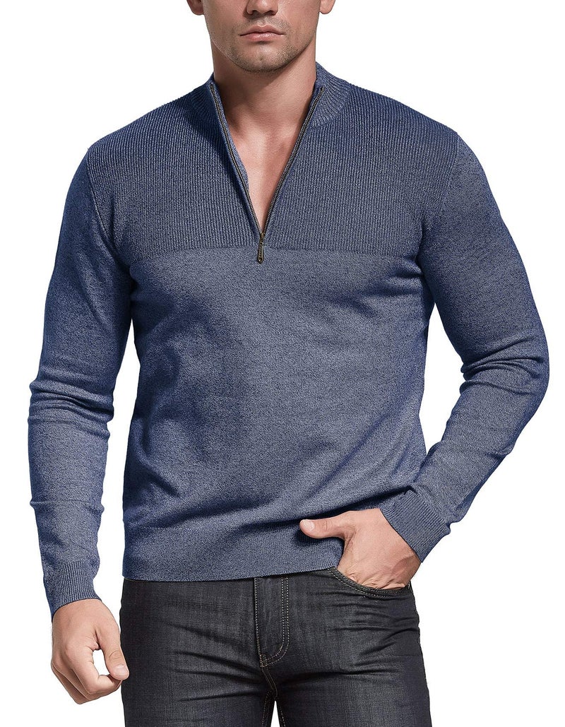 NITAGUT Mens Slim Fit Zip Up Mock Neck Polo Sweater Casual Long Sleeve Sweater and Pullover Sweaters with Ribbing Edge,Vg Navy Blue,Medium - Image 3